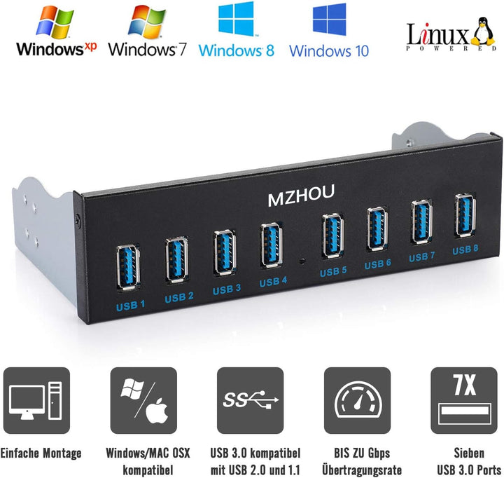 MZHOU USB Front Panel, USB3.0 19PIN 8-Port hub Optical Drive Extension Front Panel Adapter for PC Co