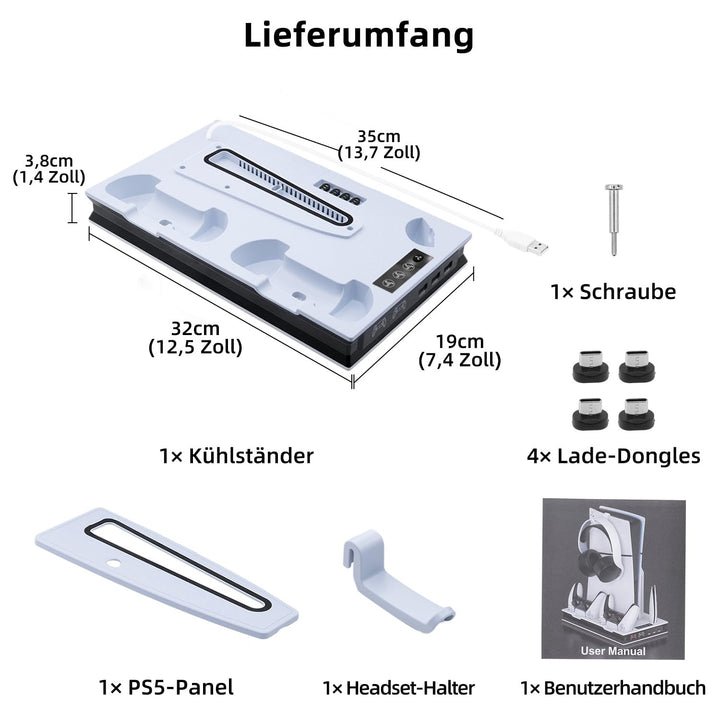 Mcbazel PS5 Pro/ PS5/ PS5 Slim Ladestation Ständer mit 3 Stufig Lüfter und Licht, PS5 Ständer Contro