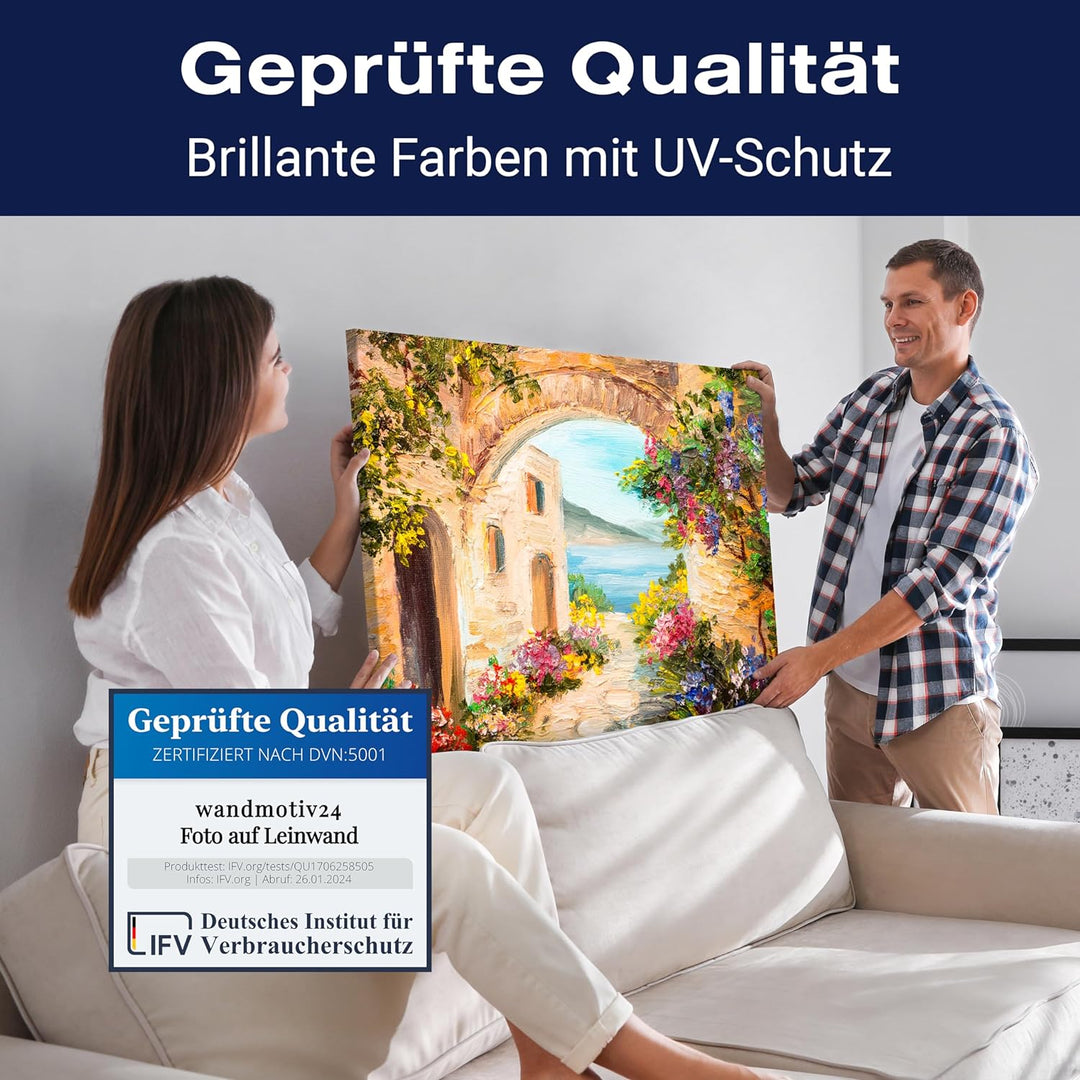 wandmotiv24 Leinwandbild Malerei, 60x45cm, Querformat, Gasse, mediterran, Meer, Deko, Bilder auf Lei