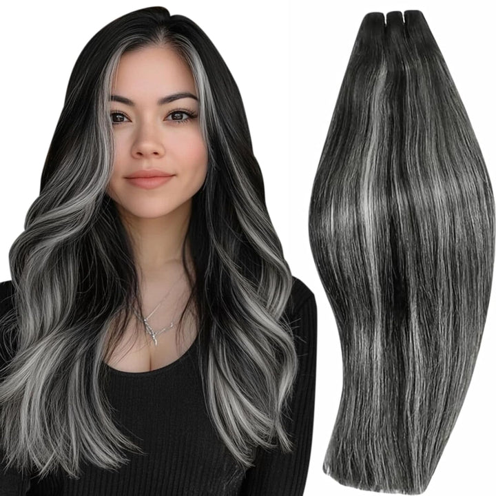 RUNATURE Balayage Echthaar Tressen Schwarz Silber 50cm 100g Sew in Haarverlängerung Remy Menschliche