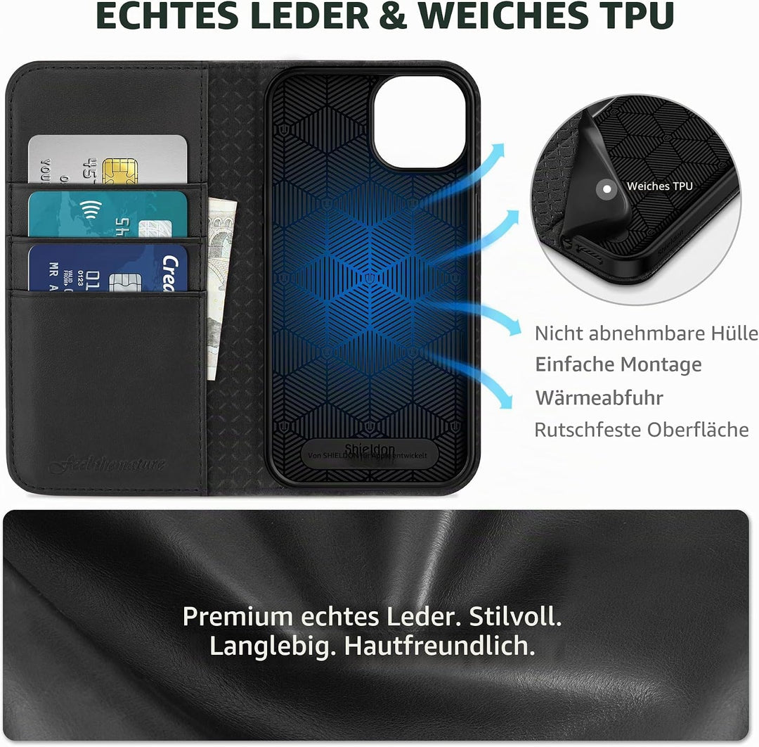 SHIELDON Hülle für iPhone 13 5G Handyhülle [Echtleder] [Stossfest] [Kartenfach] [Magnet] [Standfunkt