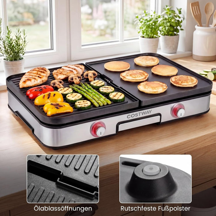 COSTWAY Tischgrill elektrisch, 2000W Elektrogrill mit Spritzschutz, 2 Thermostate, 6 Temperatureinst