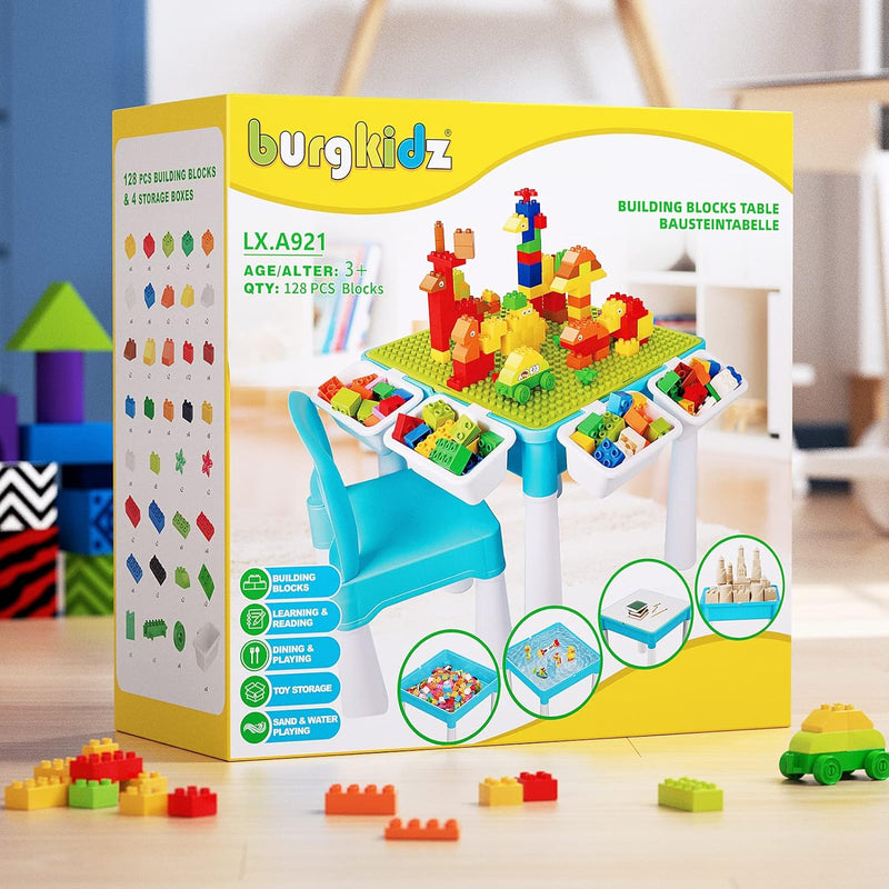 burgkidz 5-in-1-Kinder-Aktivitäts-Tischset - 128 Teile Kompatibel mit Bausteinen Spielzeug, Spieltis