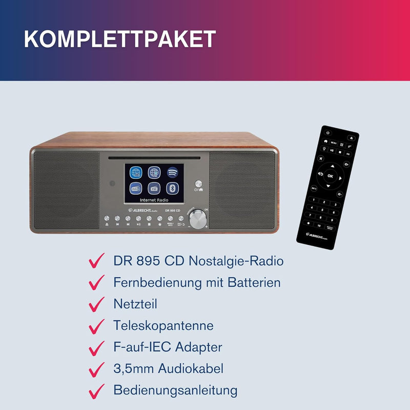 Albrecht DR 895 CD Kompaktanlage, DAB+/UKW/Internet/CD, 27896, Walnuss, mit 4" Farbdisplay, Stereo M