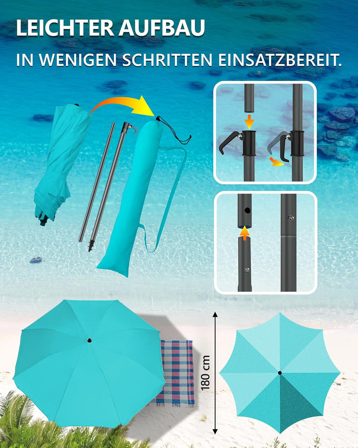 4smile Sonnenschirm Strand Ø 180 cm mit Eindrehbodenhülse, Türkis | Strandschirm windfest stabil mit