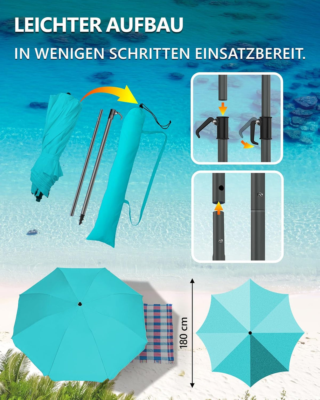 4smile Sonnenschirm Strand Ø 180 cm SET mit Eindrehbodenhülse, Türkis | Strandschirm Windfest Stabil