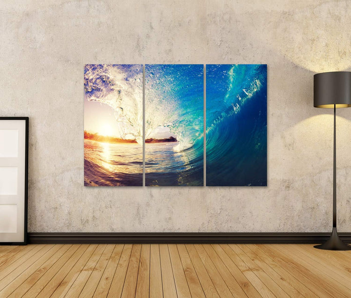 islandburner Bild auf Leinwand Ocean Wave at Sunrise Wandbild Poster Kunstdruck Bilder Format: 130x8