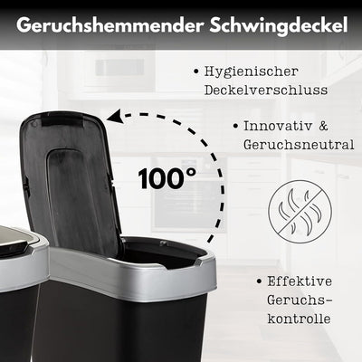 SUSTANIA Duo Mülleimer Küche 2 Fächer 50L - Geruchsdicht Doppel Abfalleimer mit Schwingdeckel, 2er S