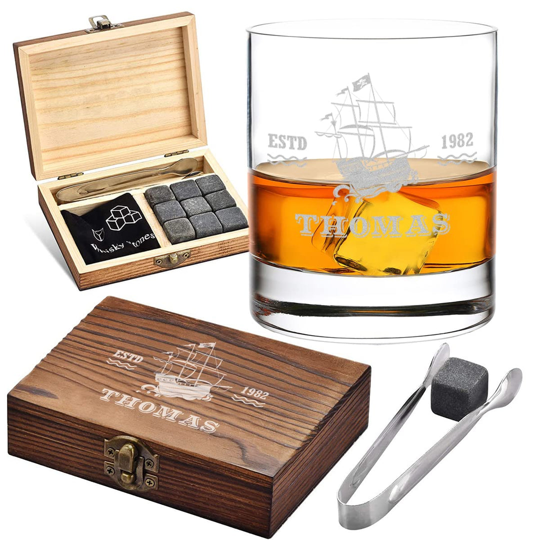 5-TLG Whisky Steine Set personalisiert - 9x Eiswürfel, 1x Holzkiste, 1x Zange, 1x Whiskyglas und 1x
