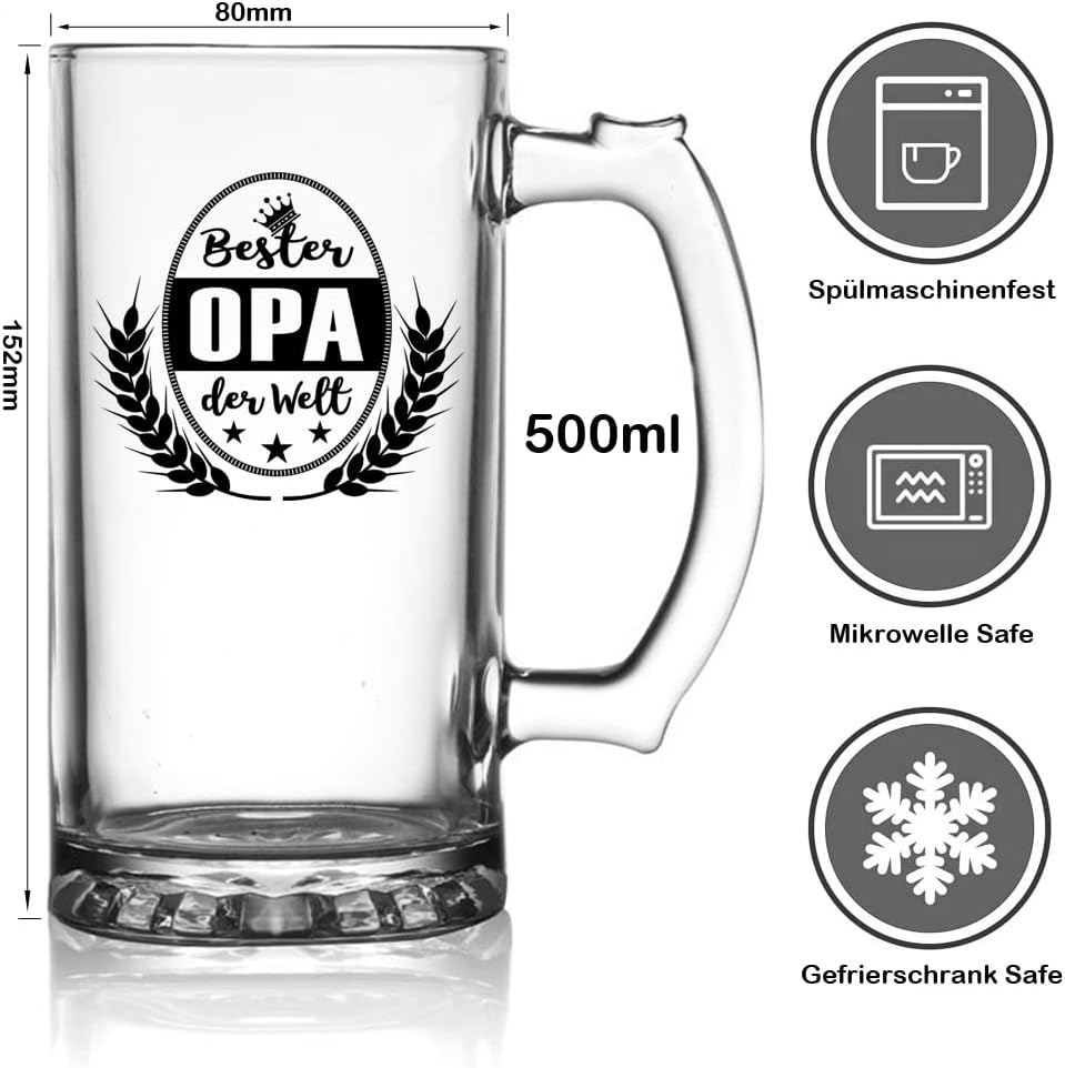 Bester OPA der Welt Bierkrug Bierglas (0,5 liter) im Geschenkbox, Ruhestand Geschenk Bier Geschenke