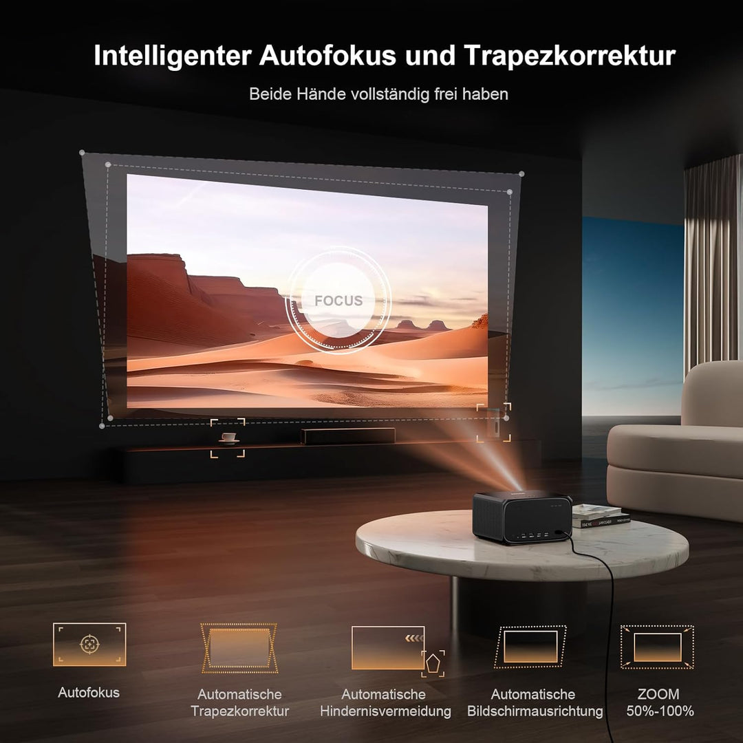 Beamer 4K Passend für Netflix Dolby Audio 35000L 1080P FHD Smart Beamer Heimkino, KI-Autofokus & Tra