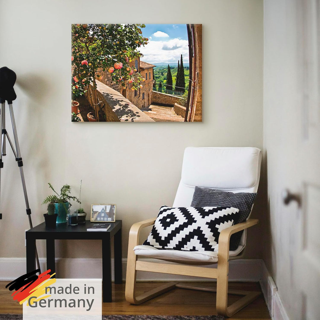 Artland Leinwandbild Wandbild Bild auf Leinwand 60x45 cm Wanddeko Fensterblick Toskana Landschaft Ga