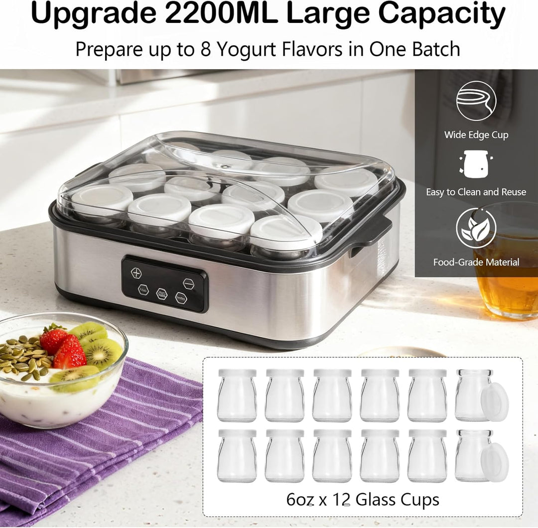 Joghurtbereiter 2200ml, Joghurt Machine mit 12 x 180ml Gläsern, Digitale Joghurtmaschine aus Edelsta