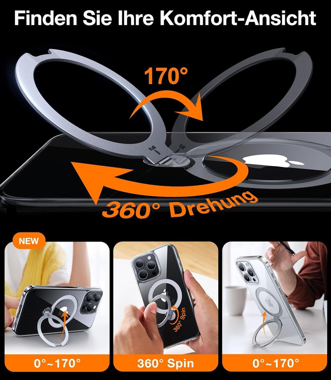 TORRAS 360° Ostand Spin für iPhone 15 Pro Hülle (Magnetischer Robust Standring) Militärschutz, Diama