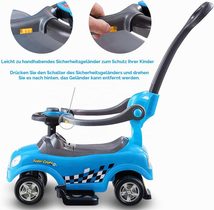 COSTWAY 3 in 1 Rutschauto Schiebeauto, Rutschfahrzeug mit abnehmbarem Schiebgriff, Schutzbügel &amp; ver