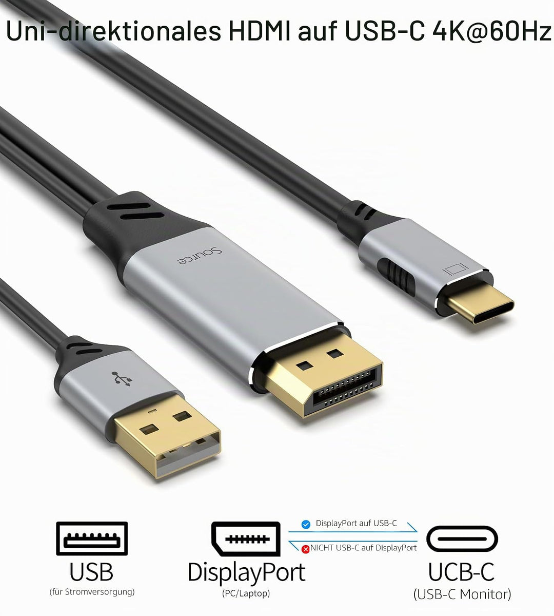 fairikabe DisplayPort auf USB C 4K60Hz, unidirektionale DisplayPort-Quelle auf USBC-Ausgang (Stecker