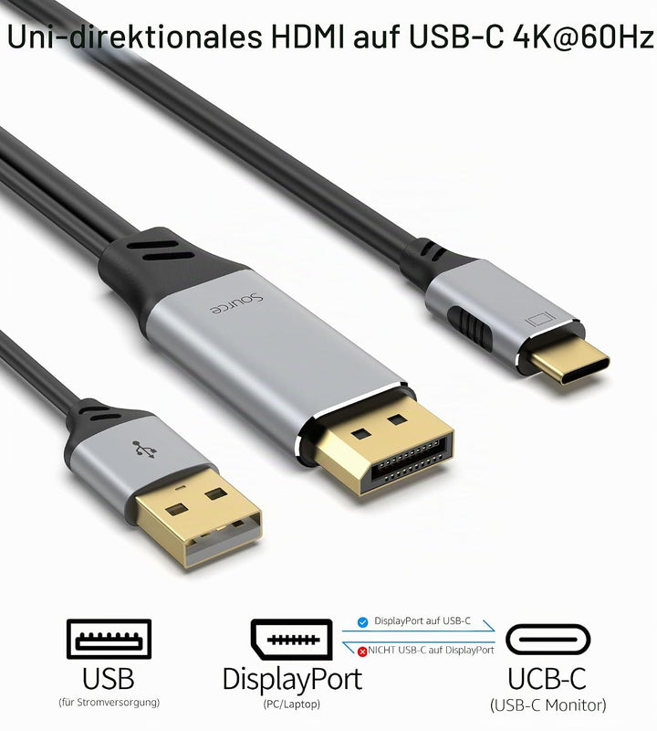 fairikabe DisplayPort auf USB C 4K60Hz, unidirektionale DisplayPort-Quelle auf USBC-Ausgang (Stecker