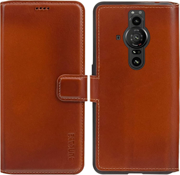 Suncase Book-Style Hülle kompatibel mit Sony Xperia Pro-I Leder Tasche (Slim-Fit) Lederhülle Handyta