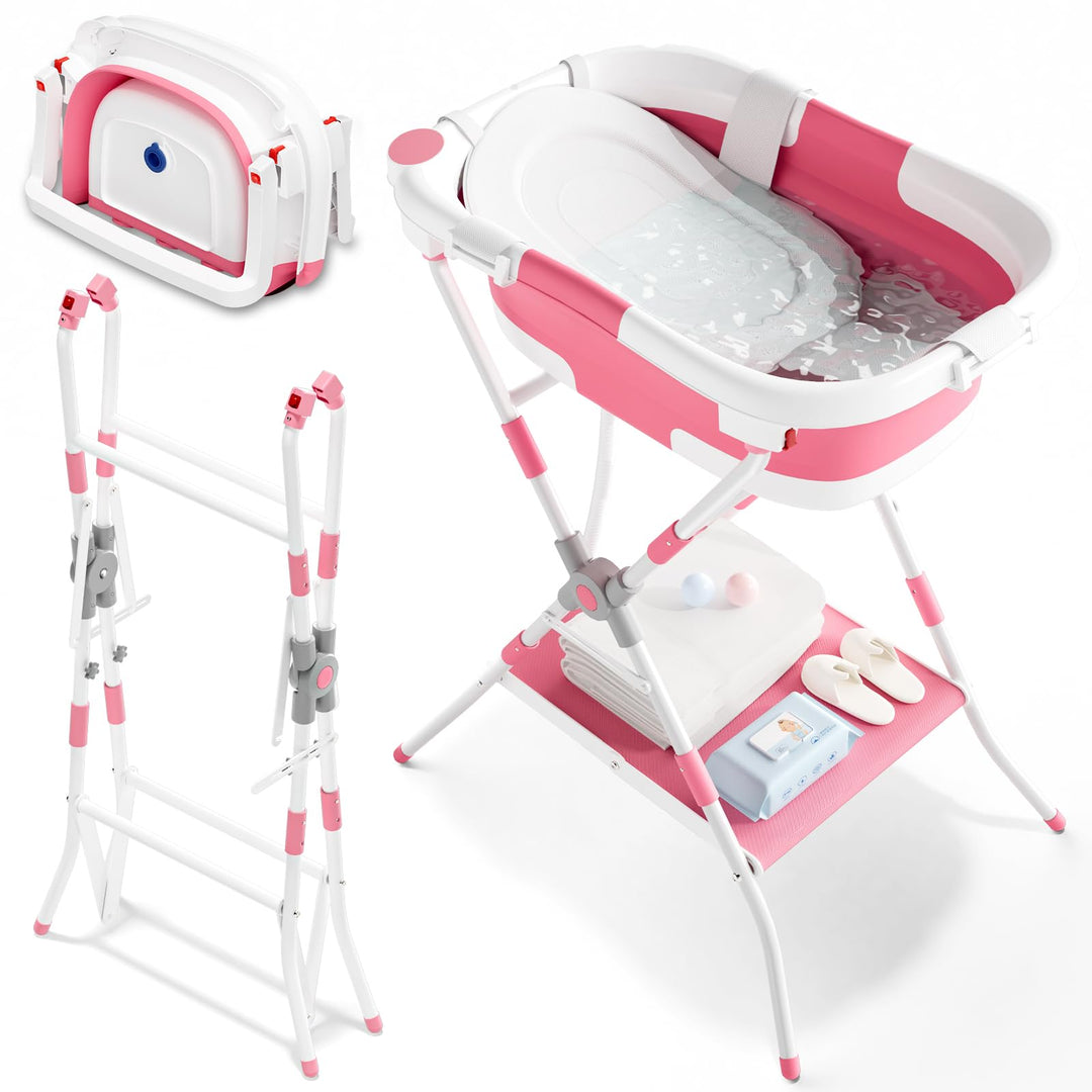 2-in-1 Baby Badewanne mit Gestell, Faltbare Badewanne Baby mit Badestütznetz, Geeignet für Neugebore