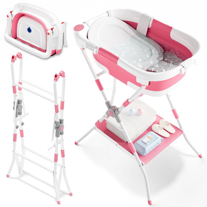 2-in-1 Baby Badewanne mit Gestell, Faltbare Badewanne Baby mit Badestütznetz, Geeignet für Neugebore