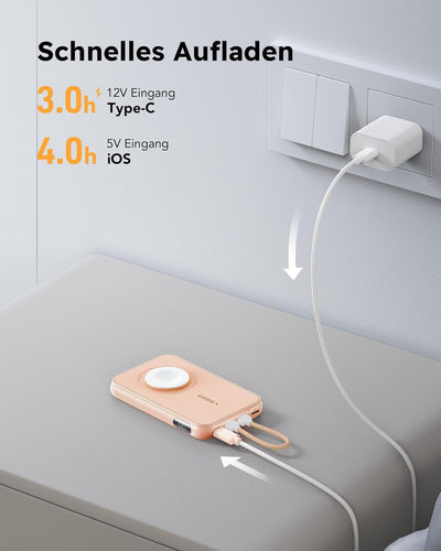 VEGER Mini Power Bank 20W PD, 10000mAh Powerbank mit Eingebautem Apple Kabel, mit Apple Watch Laden,