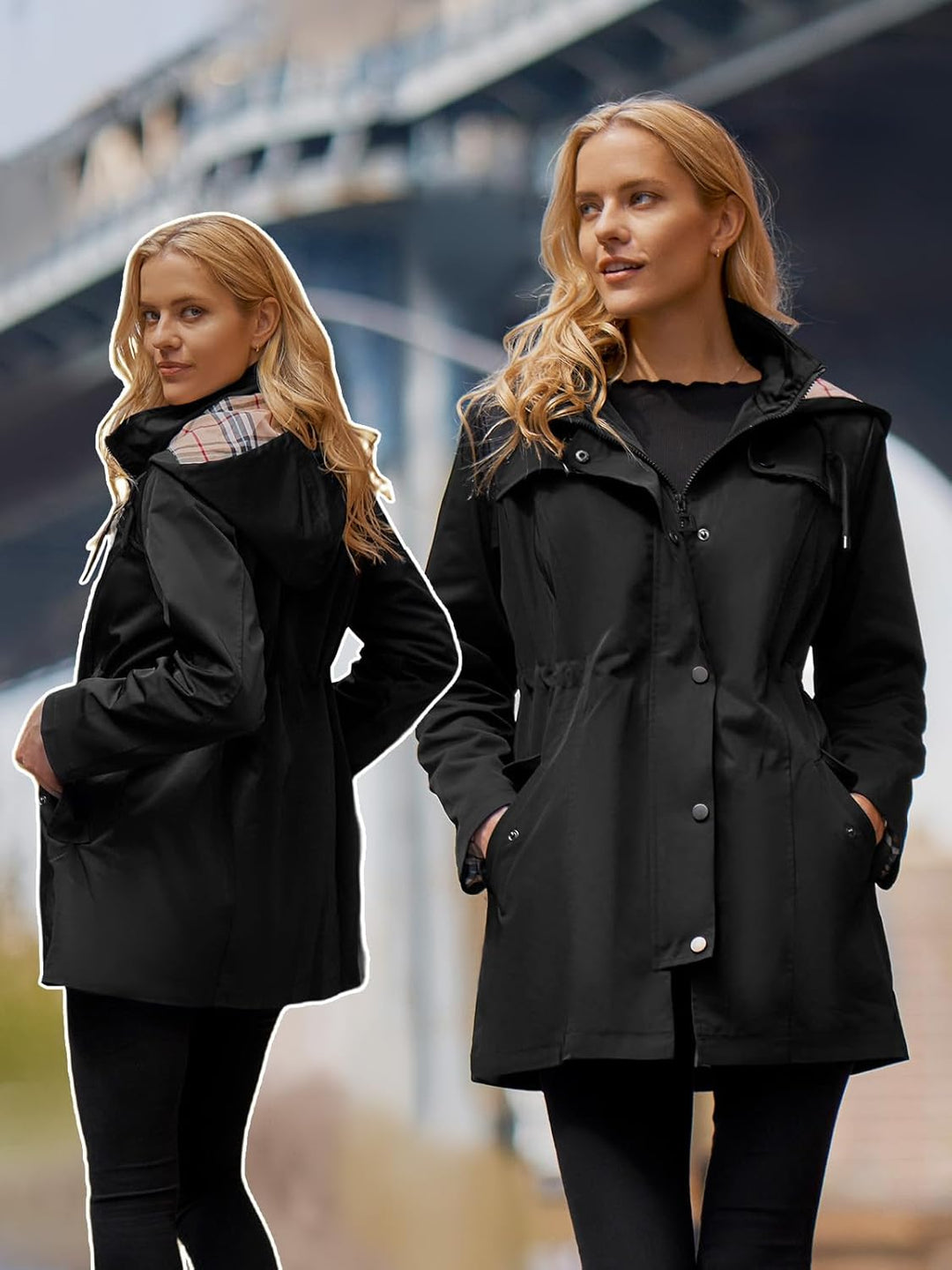 SaphiRose Lange Regenjacke für Damen, Outdoor-Regenmantel, Windbreaker, mit Kapuze XXL Schwarz, XXL