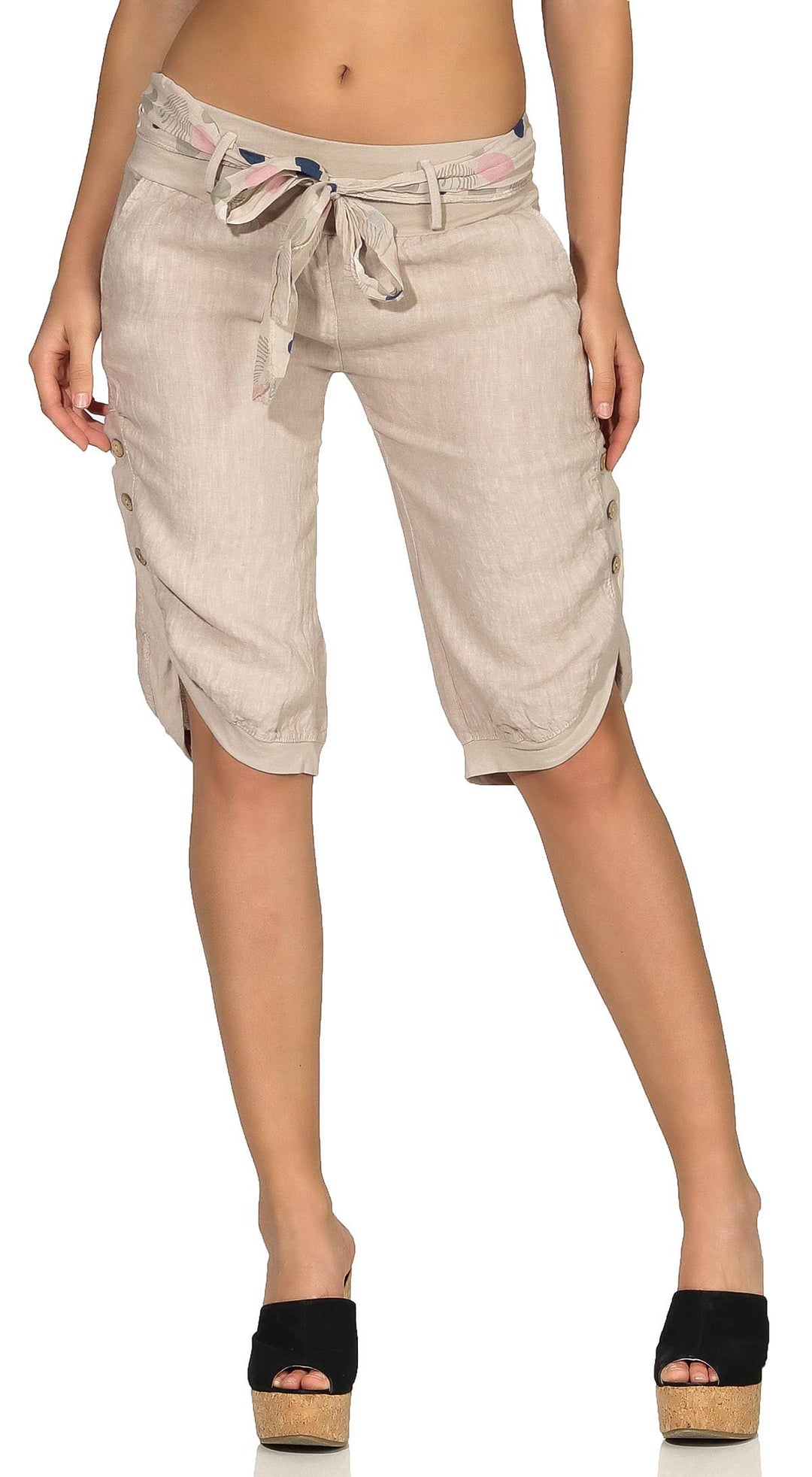 Malito Damen Kurze Hose aus Leinen - Caprihose in Unifarben - feine Freizeithose mit Gürtel - Stoffh