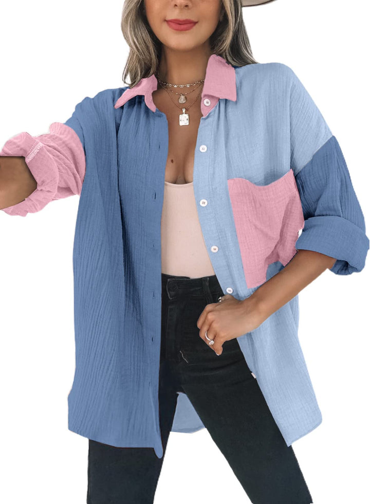 Dokotoo Bluse Damen Musselin Langarmshirt Baumwolle Lässig Oberteile Hemd Langarm Einfarbig Tops Far