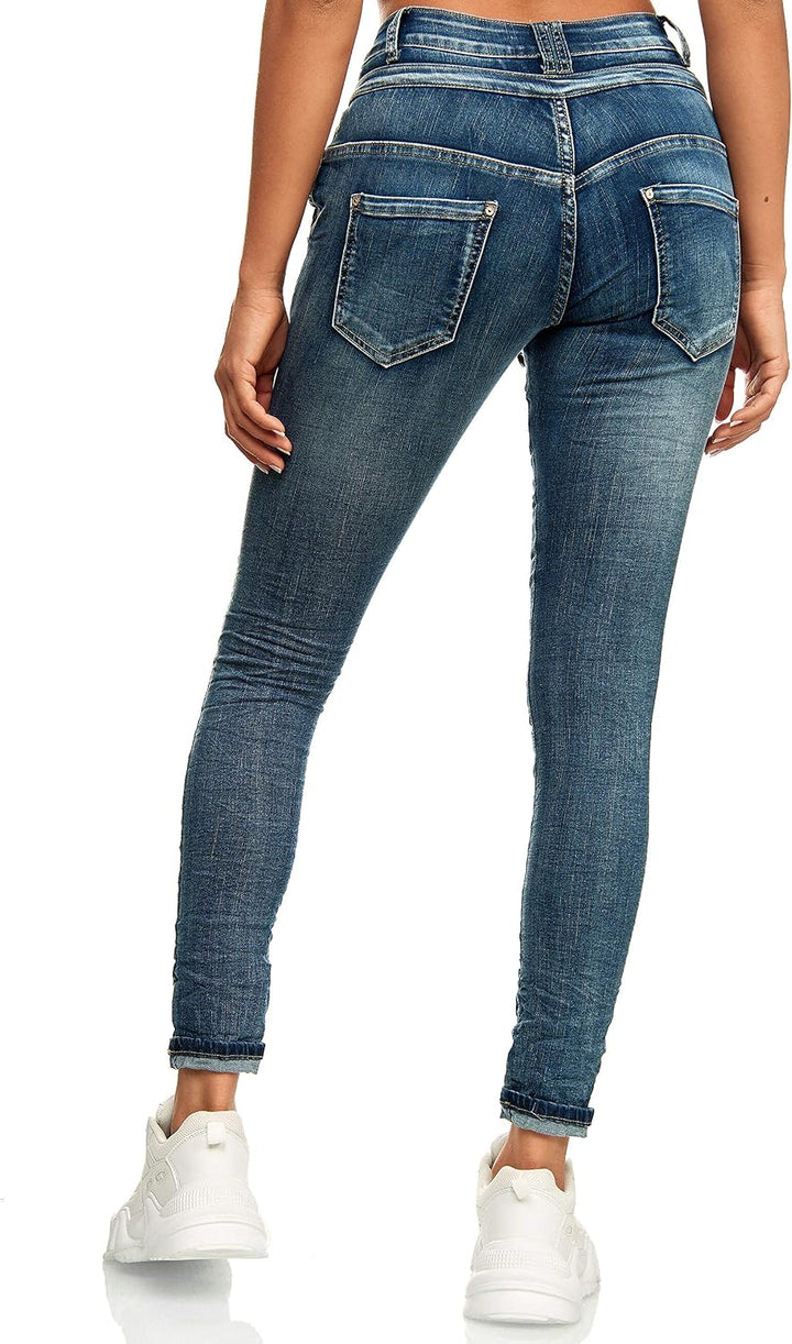 Elara Damen Jeans Boyfriend Knopfleiste Chunkyrayan 36 Slim Blau New York, 36 Slim Blau New York