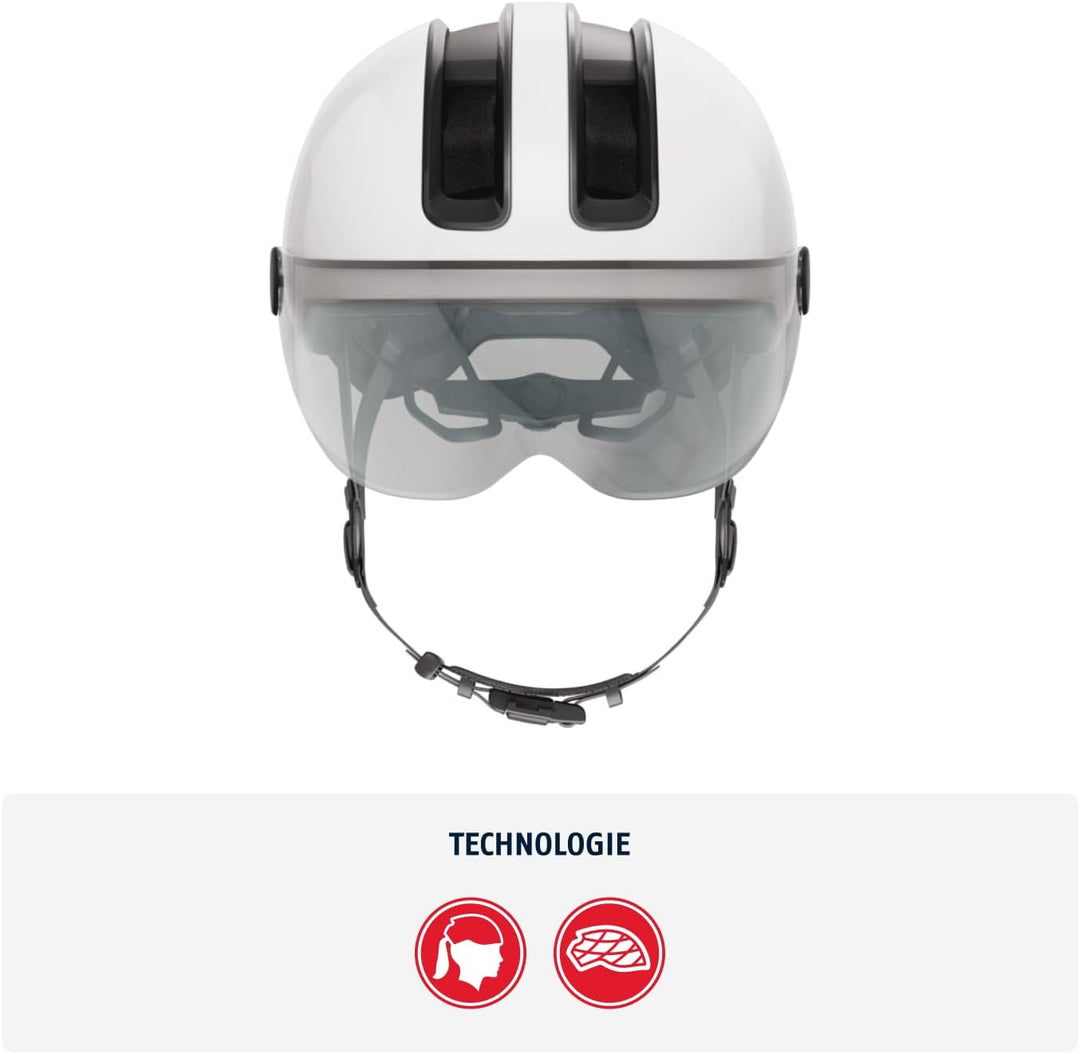 ABUS Stadthelm HUD-Y ACE - stylischer Fahrradhelm mit Visier und magnetischem, aufladbarem LED-Rückl