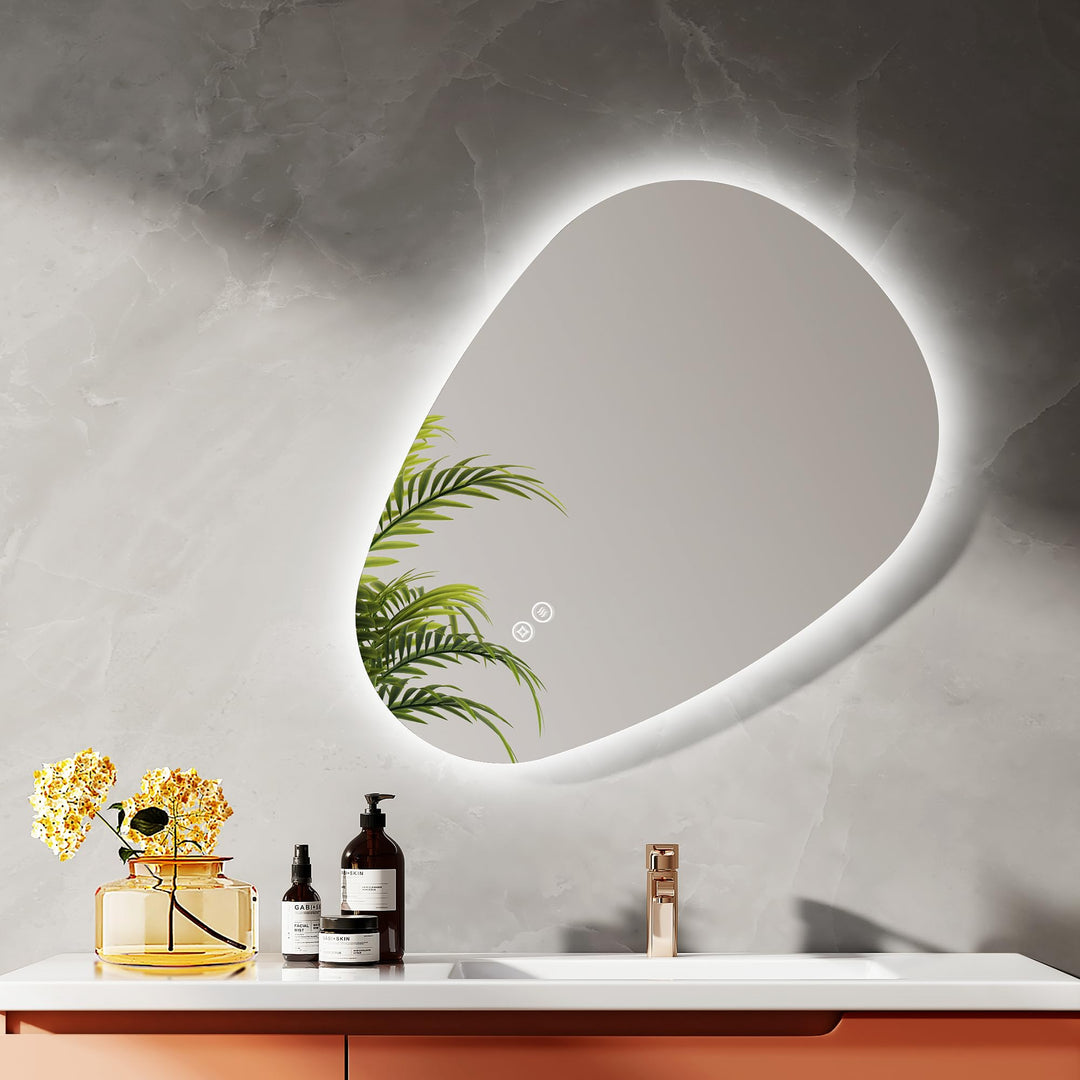 EMKE Badspiegel mit Beleuchtung 70 x 50 cm Asymmetrischer LED Spiegel mit Touch-Schalter, 3 Lichtfar