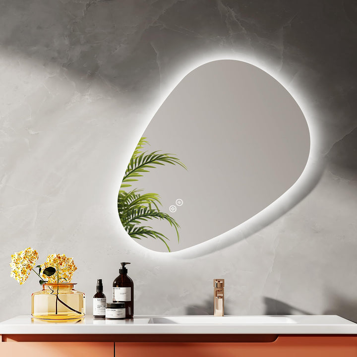 EMKE Badspiegel mit Beleuchtung 70 x 50 cm Asymmetrischer LED Spiegel mit Touch-Schalter, 3 Lichtfar