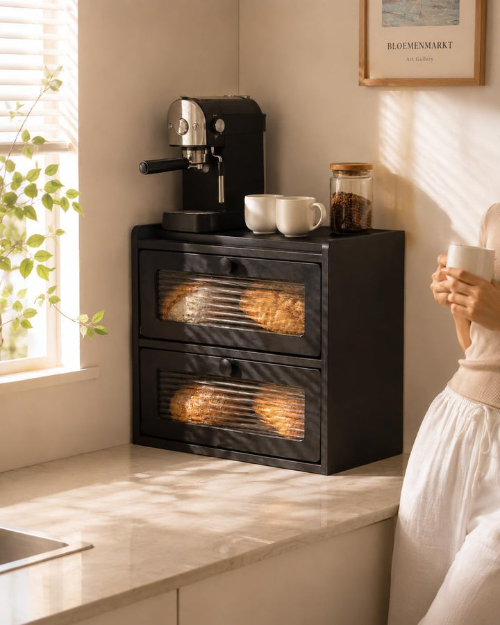 Brotkasten Schwarz 2 Etagen Grosse Brotbox aus Premium Holzwerkstoff (Antimuffa) Moderne Brotaufbewa