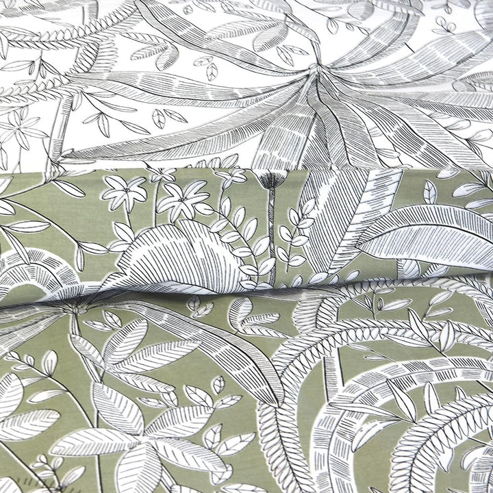CÔTE DECO Bettwäsche, 220 x 240 cm, geometrisch und Blumen grün – 3-teilig | 1 Bettbezug für Erwachs