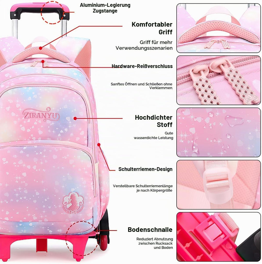 3PCS Schulrucksack Rollen Mädchen Trolley Rucksack mit Rollen Mädchen Teenager Schultasche Grundschu