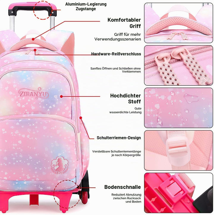 3PCS Schulrucksack Rollen Mädchen Trolley Rucksack mit Rollen Mädchen Teenager Schultasche Grundschu