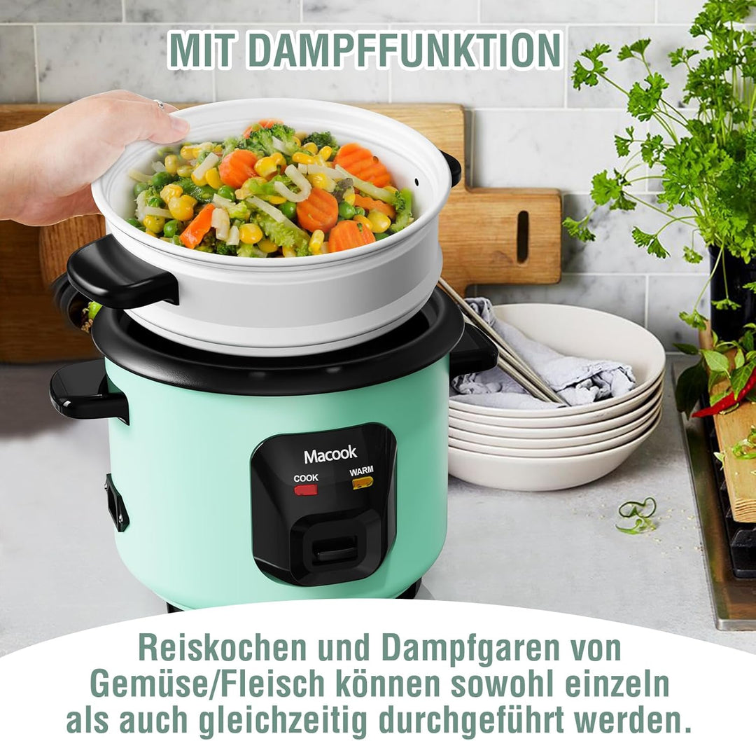 0.6 L Mini-Reiskocher 3-Tassen ungekocht, Macook Tragbarer Antihaft-Reis-Kocher, mit Aluminium-Dampf