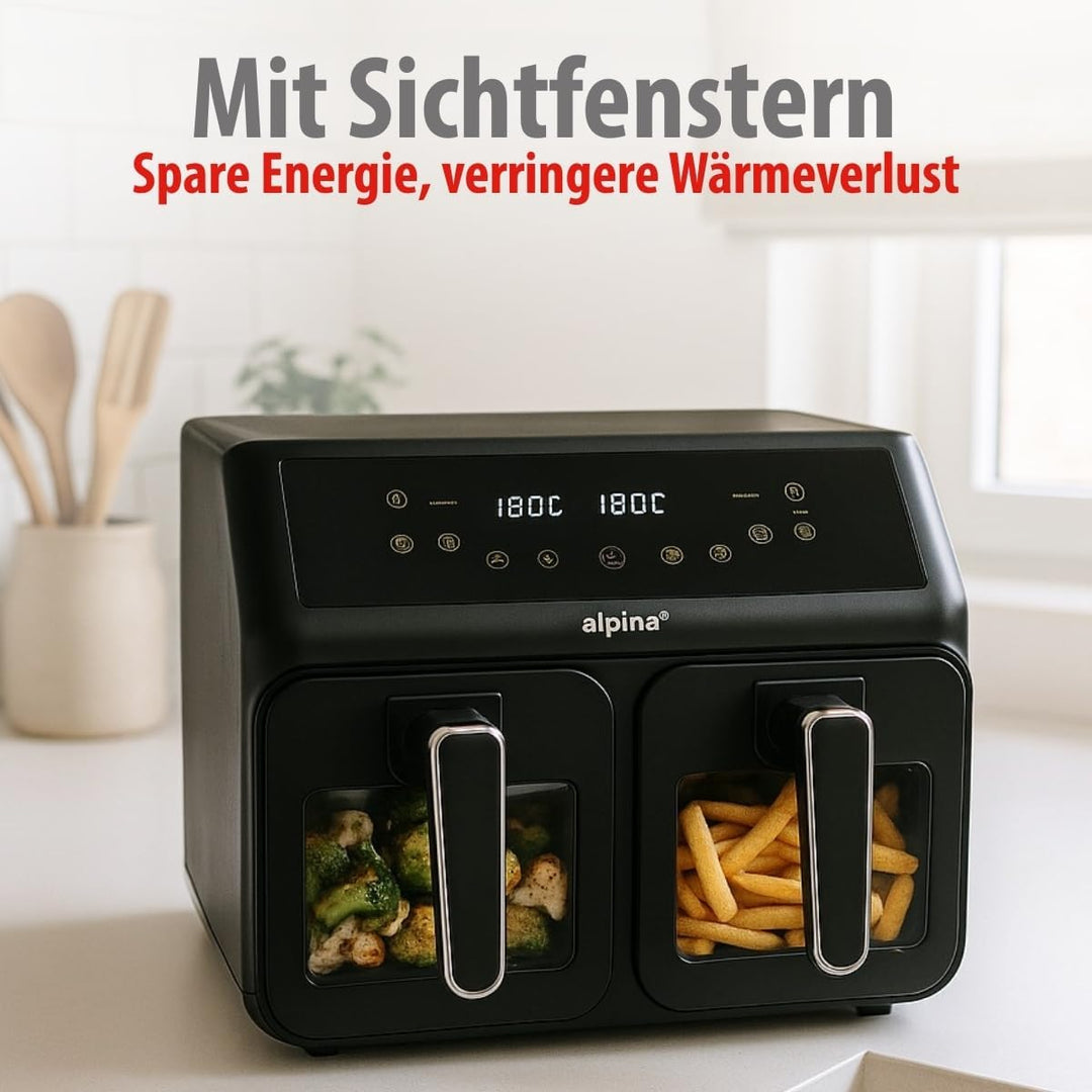 alpina Heissluftfritteuse 2 Kammern 8L - Airfryer mit Digitaldisplay - Air Fryer mit Timer und Tempe