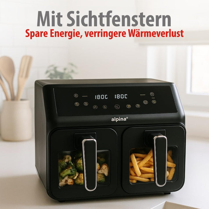 alpina Heissluftfritteuse 2 Kammern 8L - Airfryer mit Digitaldisplay - Air Fryer mit Timer und Tempe