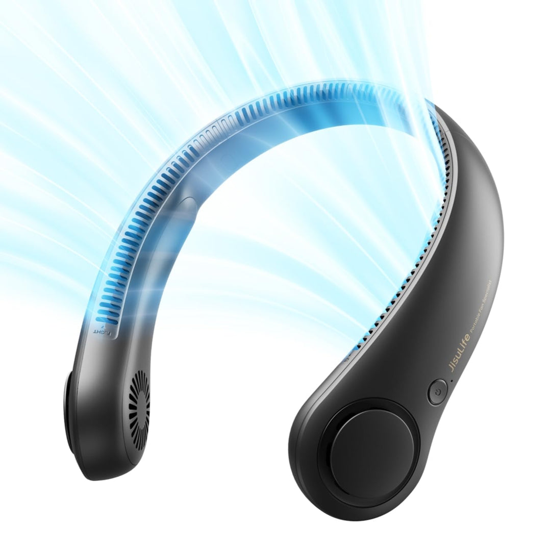 JISULIFE Tragbarer Nackenventilator, Hals-Ventilator ohne Flügel, 5 Geschwindigkeiten, 4000 mAh Batt