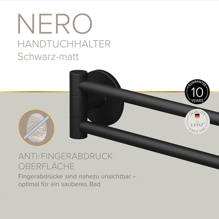 Lenz Handtuchhalter Nero in Schwarz-matt – 2 schwenkbare Arme, 40 cm – Mit Anti-Fingerabdruck Oberfl