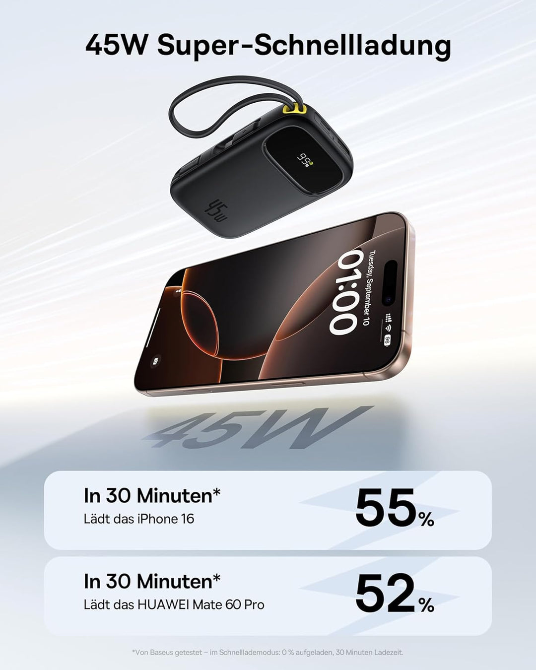 Baseus QPow3 Powerbank 45W 20000mAh mit 2 integriertem USB-C Kabel, Power Bank PD3.0 QC4.0, 3 USB C