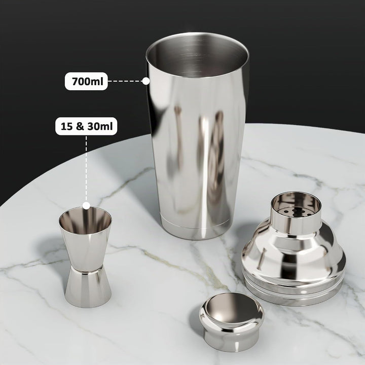 25 Stück Cocktail Shaker Set, 700ml Edelstahl Barkeeper Set mit Boston Shaker und Bar Zubehör, Mixol