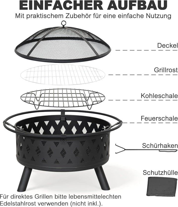 Avestar runde Feuerschale aus Metall mit Abdeckung für Garten, schwarz