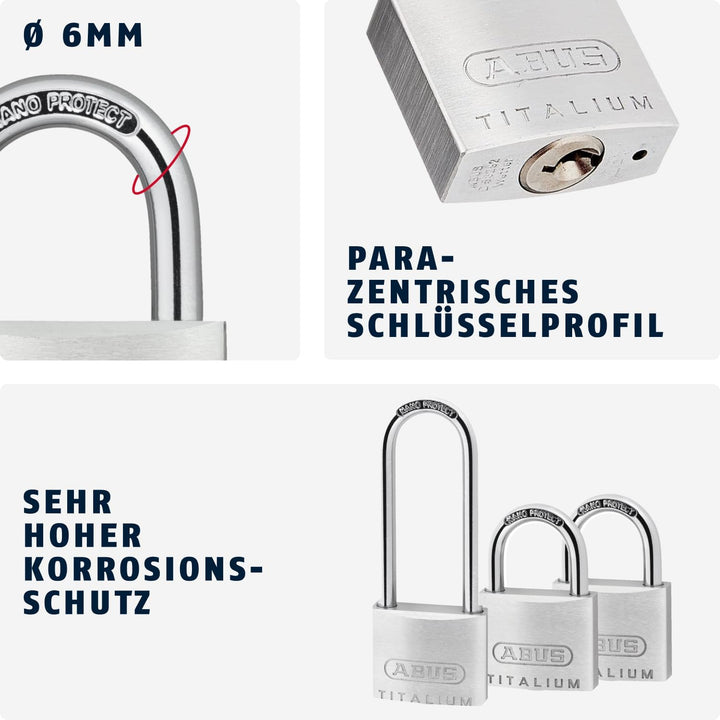 ABUS Vorhängeschloss Titalium 64TI/40 + HB63 - 3er Set, gleichschliessend - Kellerschloss mit Schlos