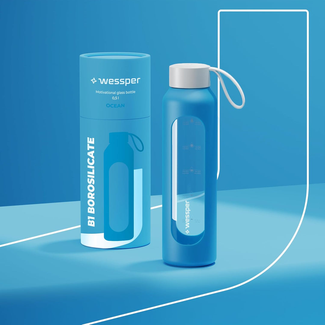 Wessper Trinkflasche Glas 500 ml, Motivations wasser glasflasche mit Hydrationsskala, borosilikatgla