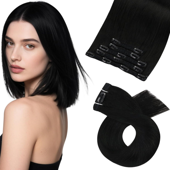 Moresoo Clip in Extensions Echthaar Schwarz Doppelt Tressen Echthaar Extensions Clip Glatt Dick Haar