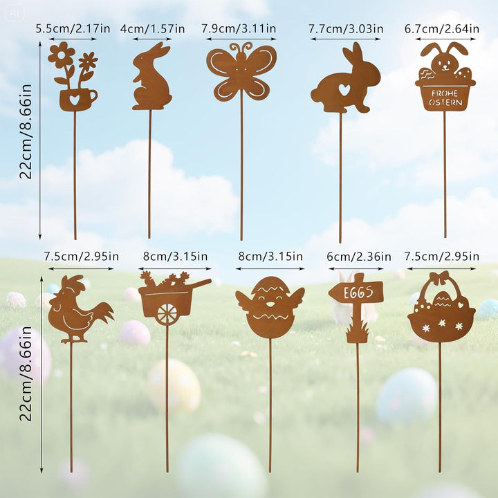 YUE QIN 10 Stück Gartenstecker Gartendeko Rost Osterdeko Garten Draussen Rostdeko Gartendeko Metall