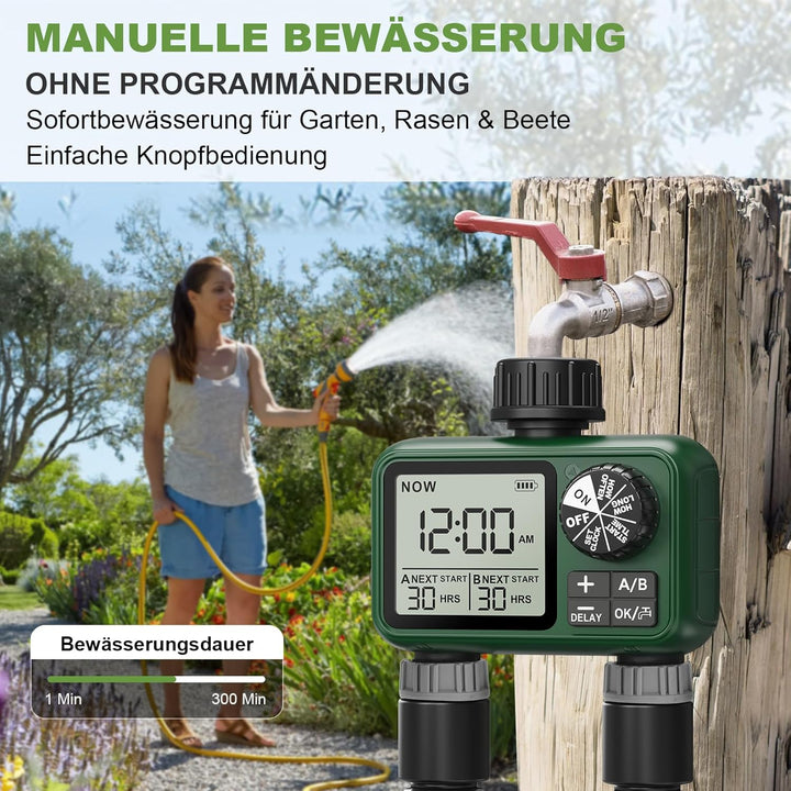 Bewässerungscomputer 2 Ausgänge, Grosses LCD-Display Bewässerungsuhr, Automatische Bewässerung Zeits