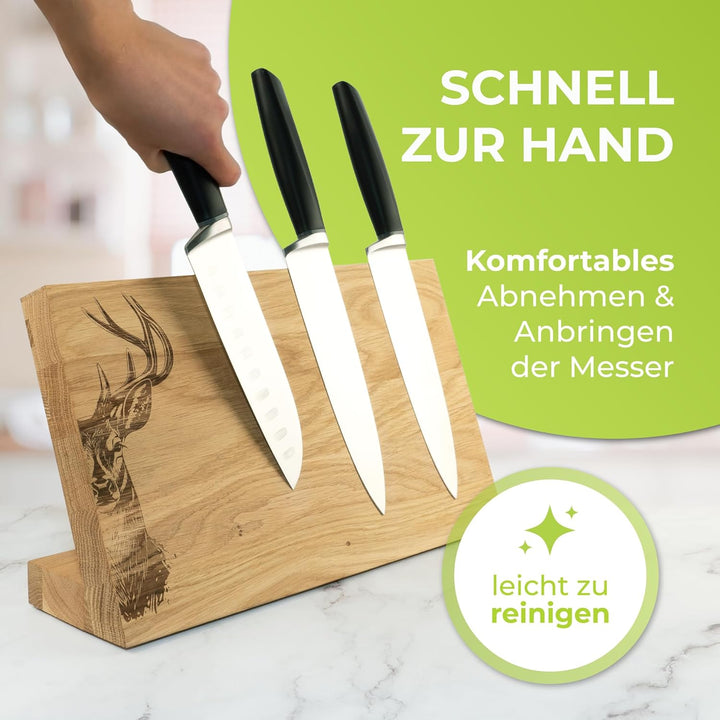 Messerblock mit Hirschmotiv Magnetisch Messerhalter Messerbrett Holz Eiche Edler Holzblock ohne Mess